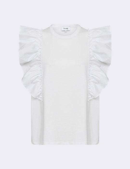 Leveté Room LR-Kowa 21 top i hvid, fremstillet af økologisk bomuld med flæseærmer og rund halsudskæring.