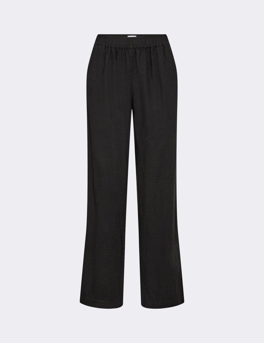 Leveté Room LR-NAJA 7 bukser i sort hørblanding med elastisk linning og brede ben. Elegant, afslappet og komfortabel.