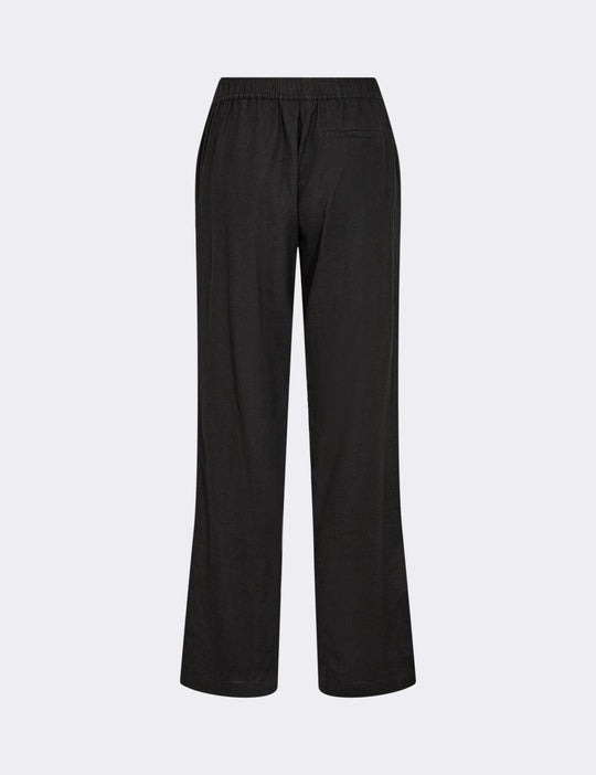 Leveté Room LR-NAJA 7 bukser i sort hørblanding med elastisk linning og brede ben. Elegant, afslappet og komfortabel.