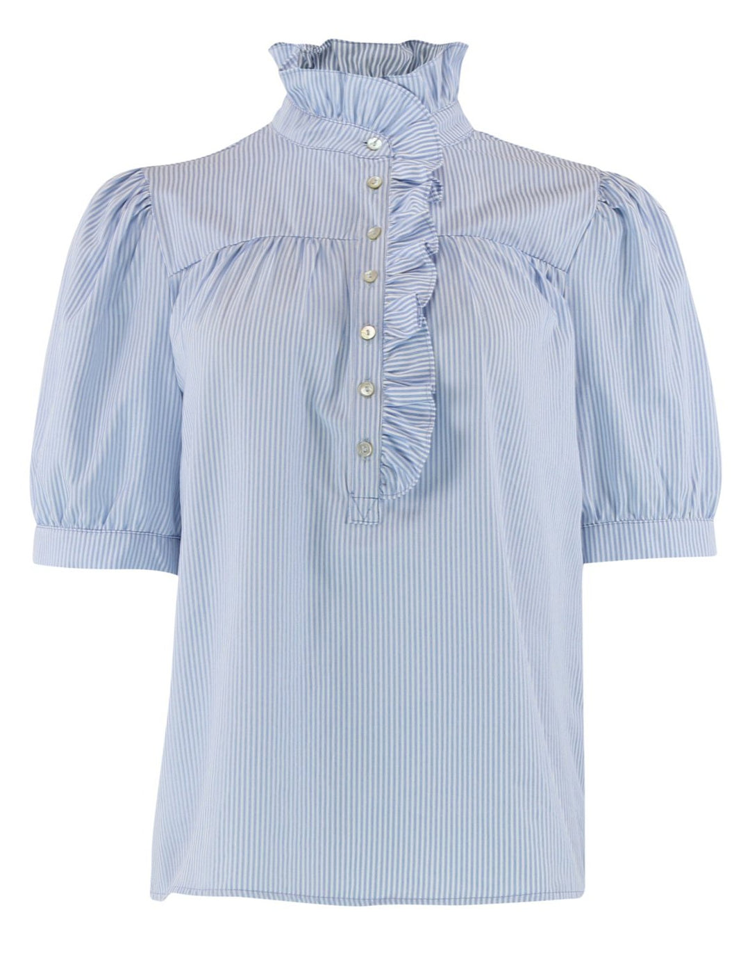 Continue Ariana SS Poplin Bluse – Blåstribet Bomuldsbluse med 3/4 Pufærmer