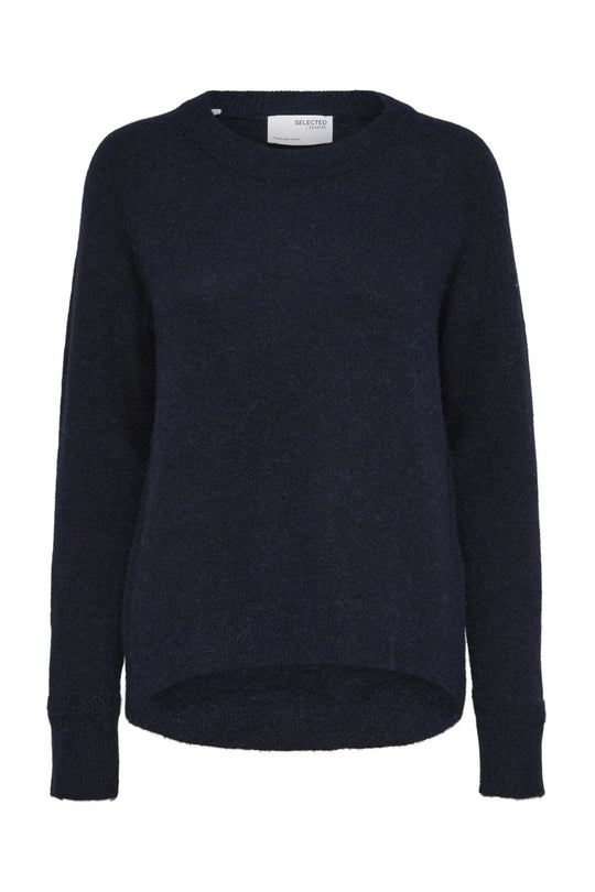 Striktrøje | Selected Femme Lulu ls knit o-neck, dark sapphire