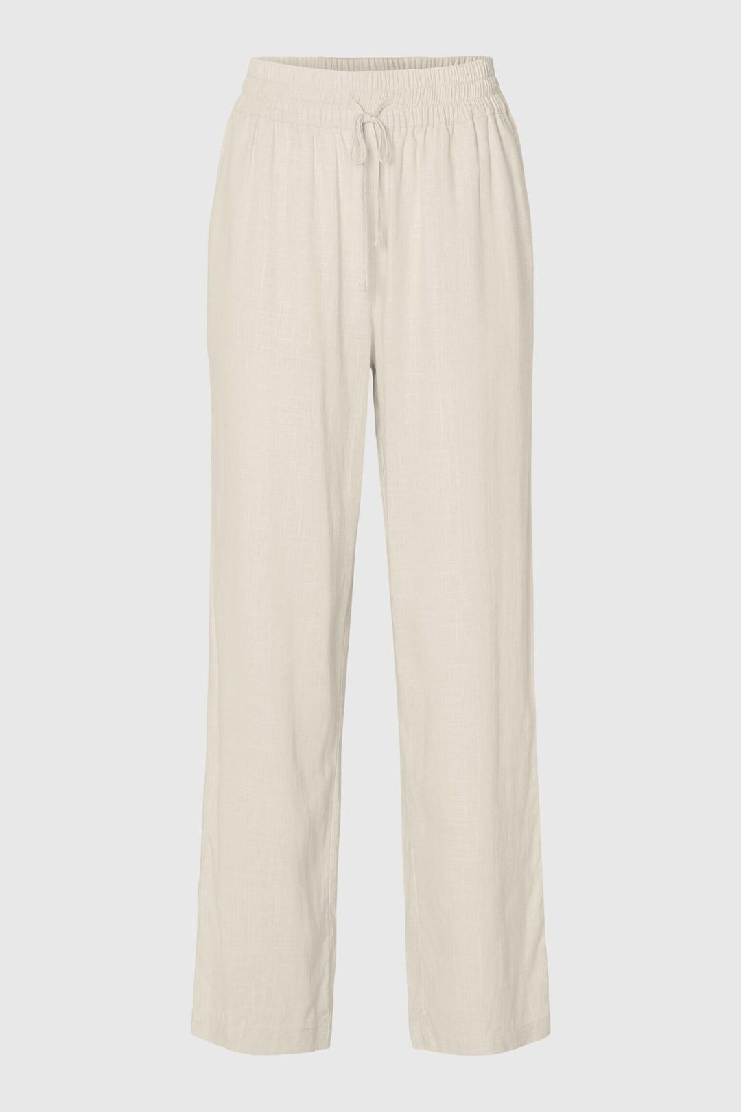 Selected Femme Viva-Gulia HW Long Sun Pant i hørblanding med høj elastisk talje, justerbar snor, skårede sidelommer og loose fit. Perfekte forår- og sommerbukser.