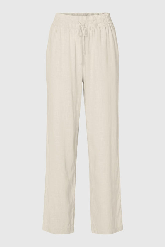 Selected Femme Viva-Gulia HW Long Sun Pant i hørblanding med høj elastisk talje, justerbar snor, skårede sidelommer og loose fit. Perfekte forår- og sommerbukser.