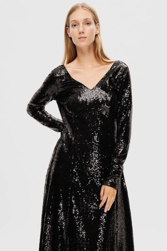 Selected Femme | Kjole | Alaia LS Midi Sequins Dress, Black