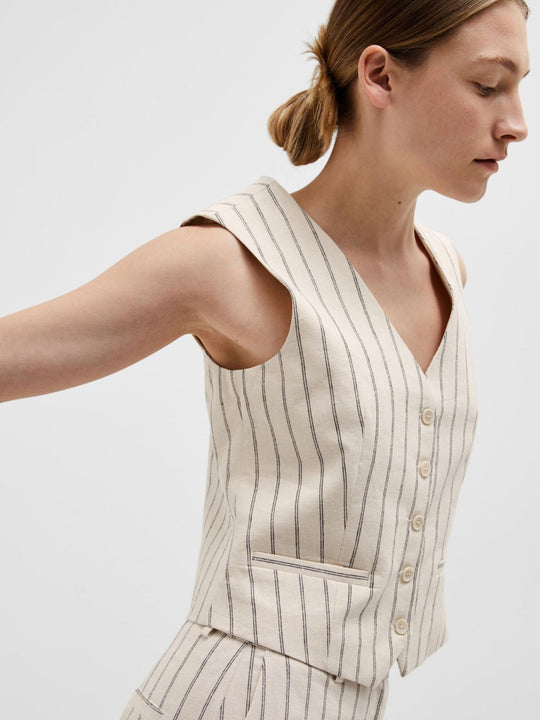Selected Femme Tania-Hilda Pinstripe Blazer Vest – Økologisk Hamp Vest i Sandshell