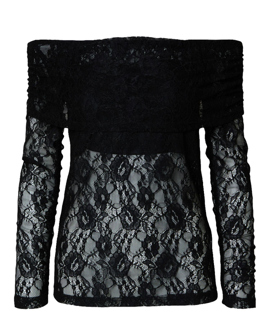 Selected Femme Sort Mista LS Off Shoulder Lace Top - Elegant og Feminin