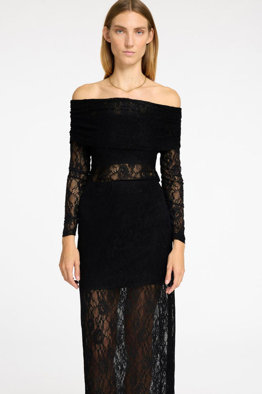 Selected Femme Sort Mista LS Off Shoulder Lace Top - Elegant og Feminin