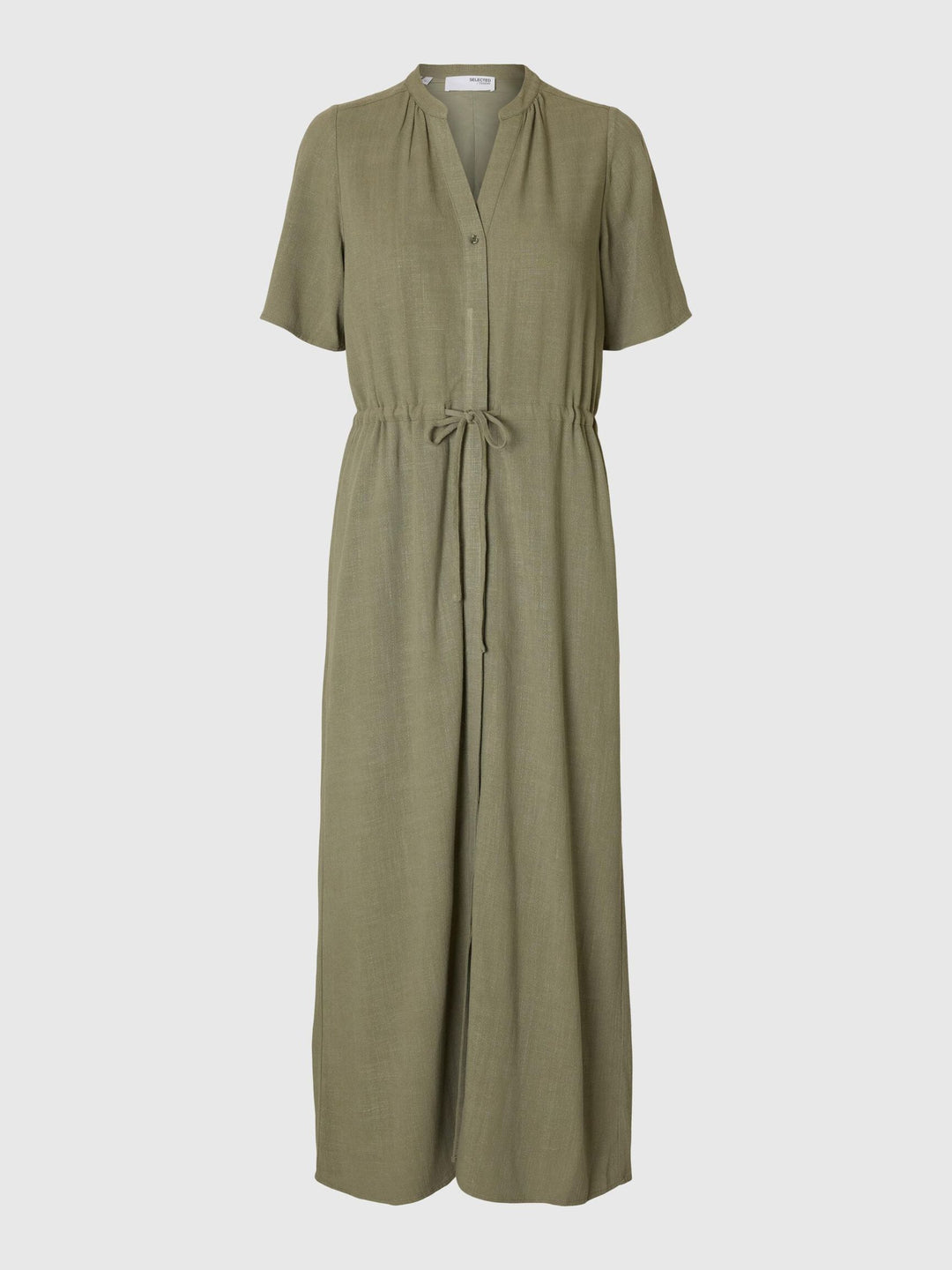 Selected Femme Viva-Damina SS Ankle Sun Dress i hørblanding med V-hals, skjulte knapper, korte ærmer og løbesnorslukning i taljen.