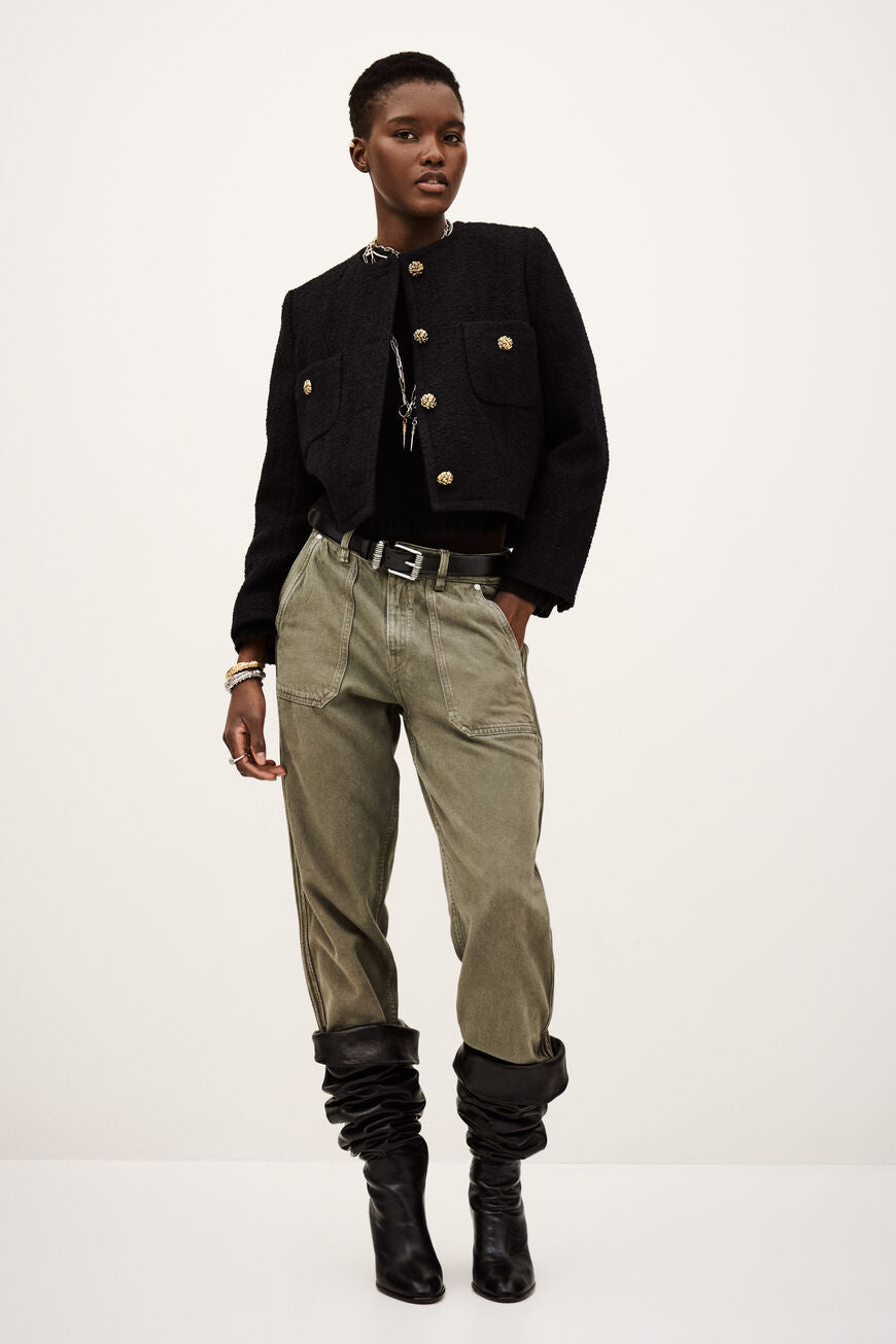 ba&sh Jacket Meredith i sort med rund hals, frontlommer og guldfarvede knapper – crop-jakke i bomuld og uld med elegant finish.