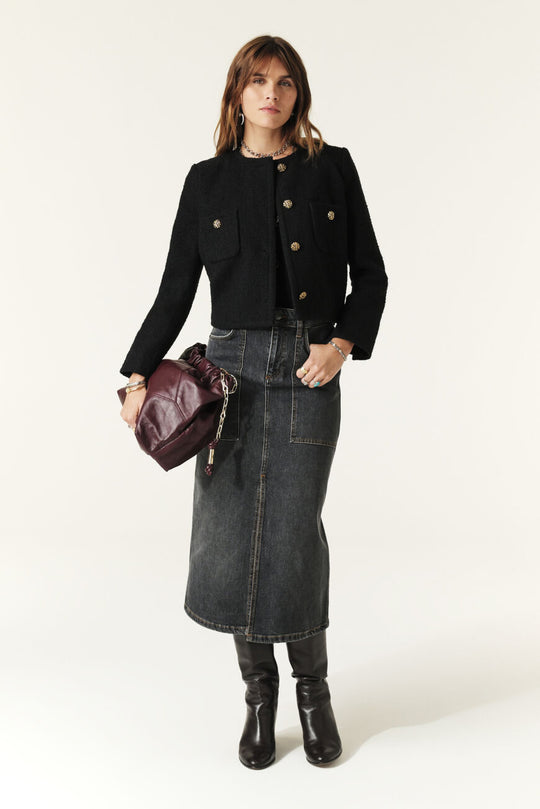 ba&sh Meiradith Jacket i black – kort jakke i uld- og bomuldsblanding med guldfarvede knapper og 100% viskosefor.