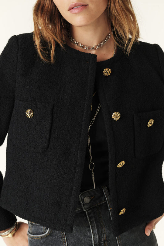 ba&sh Meiradith Jacket i black – kort jakke i uld- og bomuldsblanding med guldfarvede knapper og 100% viskosefor.