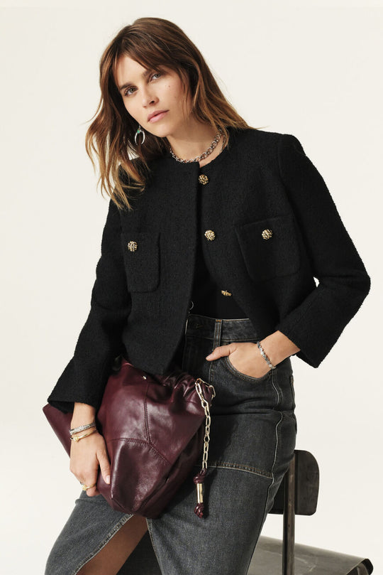 ba&sh Meiradith Jacket i black – kort jakke i uld- og bomuldsblanding med guldfarvede knapper og 100% viskosefor.