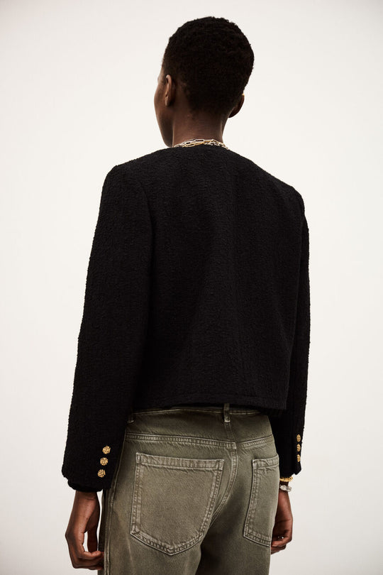 ba&sh Jacket Meredith i sort med rund hals, frontlommer og guldfarvede knapper – crop-jakke i bomuld og uld med elegant finish.