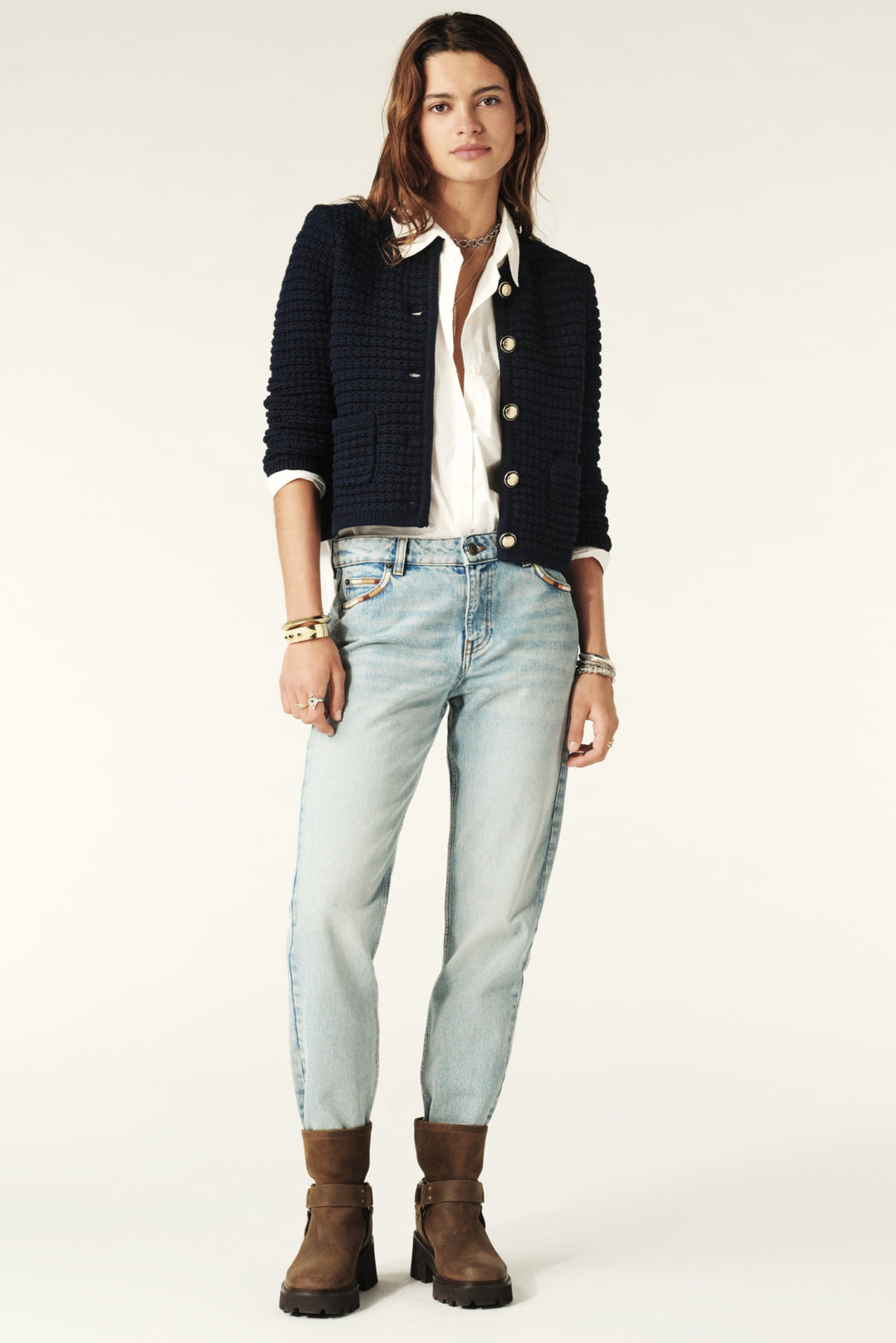 ba&sh Gaspard Cardigan – cropped cardigan med tweed-effekt, lange ærmer og smukke guldfarvede knapper.