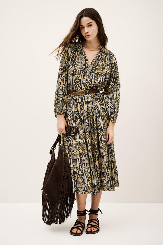 ba&sh Pidola Dress i kaki – løs kjole i 100% økologisk bomuld med v-hals, knapper og ballonærmer.