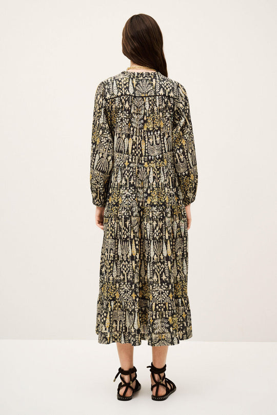 ba&sh Pidola Dress i kaki – løs kjole i 100% økologisk bomuld med v-hals, knapper og ballonærmer.