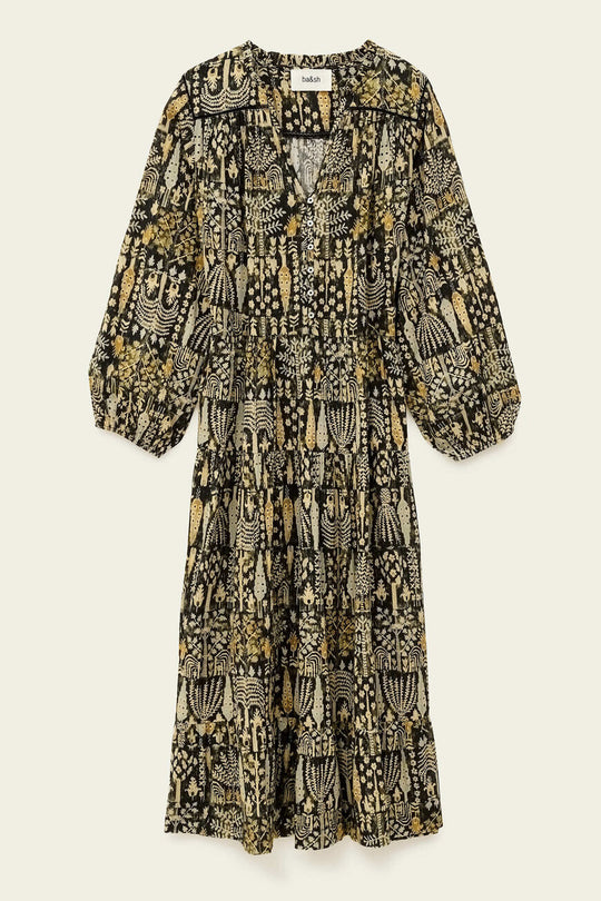 ba&sh Pidola Dress i kaki – løs kjole i 100% økologisk bomuld med v-hals, knapper og ballonærmer.