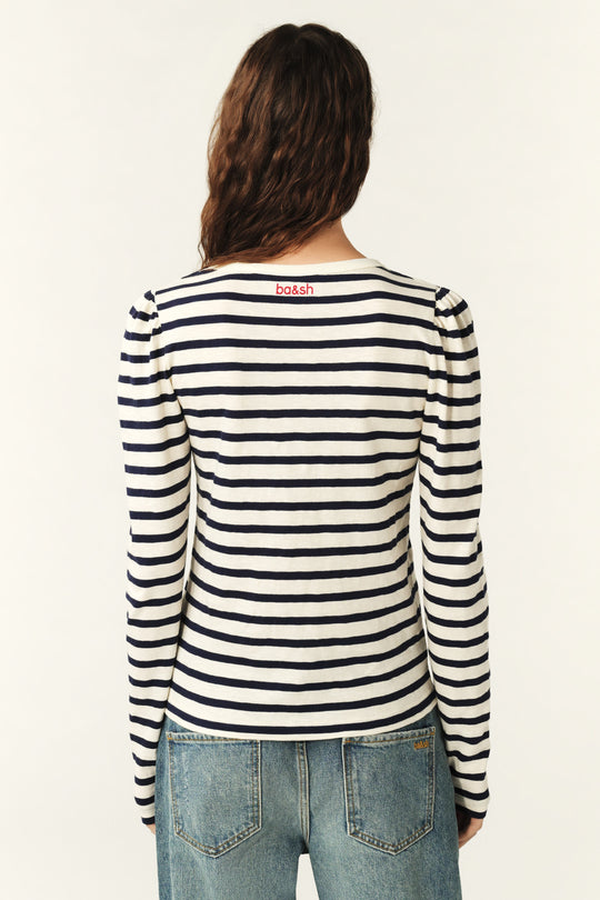 ba&sh Sango Bluse – tætsiddende langærmet bluse i 100% økologisk bomuld med pufærmer og stilfulde sorte striber.