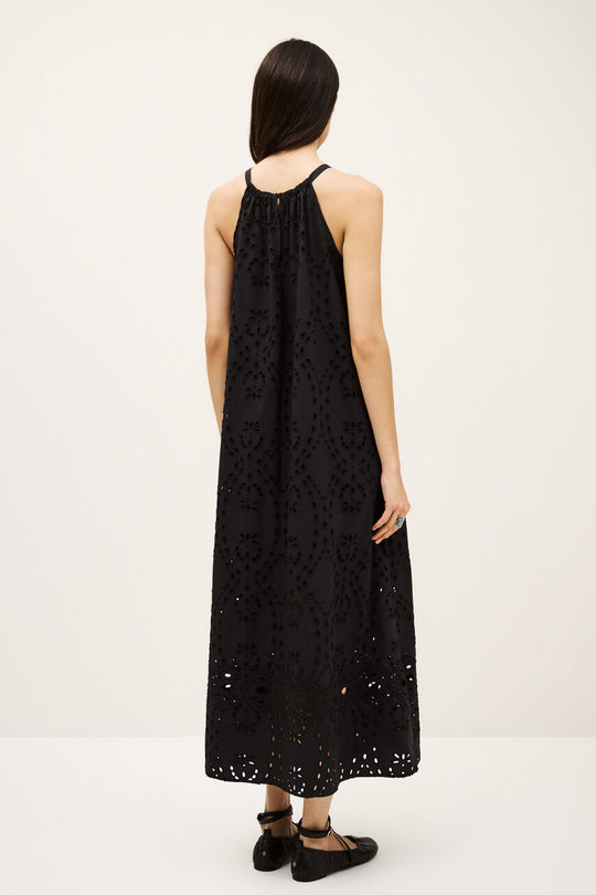 ba&sh Bonie Kjole i sort økologisk bomuld med A-snit, tanktop-stil og blondekant. Midi længde og tidløs elegance.