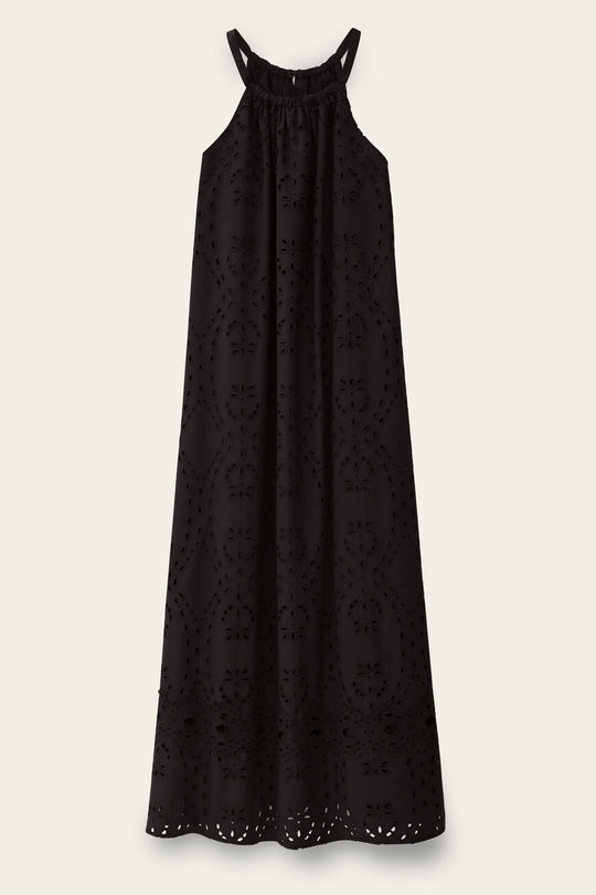 ba&sh Bonie Kjole i sort økologisk bomuld med A-snit, tanktop-stil og blondekant. Midi længde og tidløs elegance.