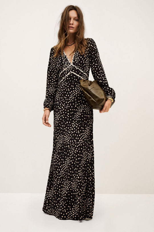 ba&sh Derby Maxi Dress Mørk Blå – maxi kjole med puffærmer, kontrastbroderi og V-udskæring.