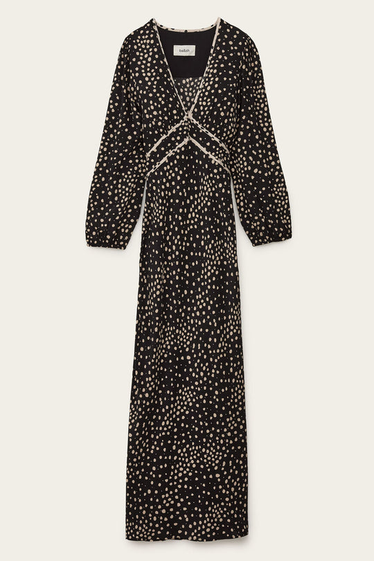 ba&sh Derby Maxi Dress Mørk Blå – maxi kjole med puffærmer, kontrastbroderi og V-udskæring.