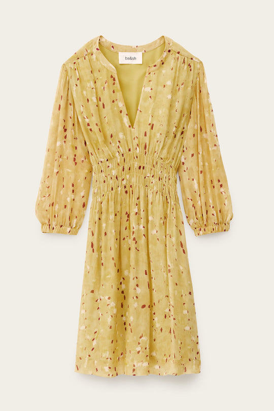 ba&sh Kanissa Mini Dress i gul viskose med V-hals, 3/4-ærmer og elastisk talje. Lårkort og let – perfekt til sommeren.