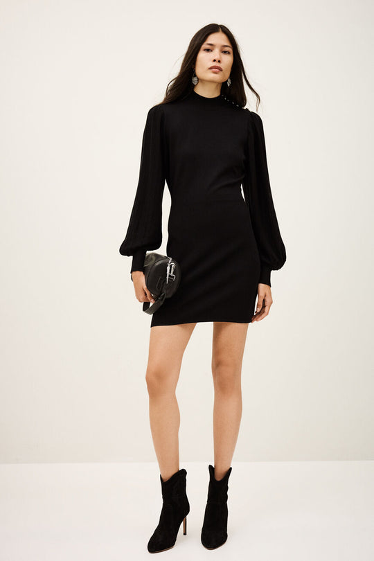 ba&sh Stella dress i sort, elegant, tætsiddende minikjole med lange ærmer og høj rund hals.