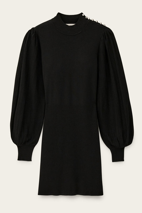 ba&sh Stella dress i sort, elegant, tætsiddende minikjole med lange ærmer og høj rund hals.