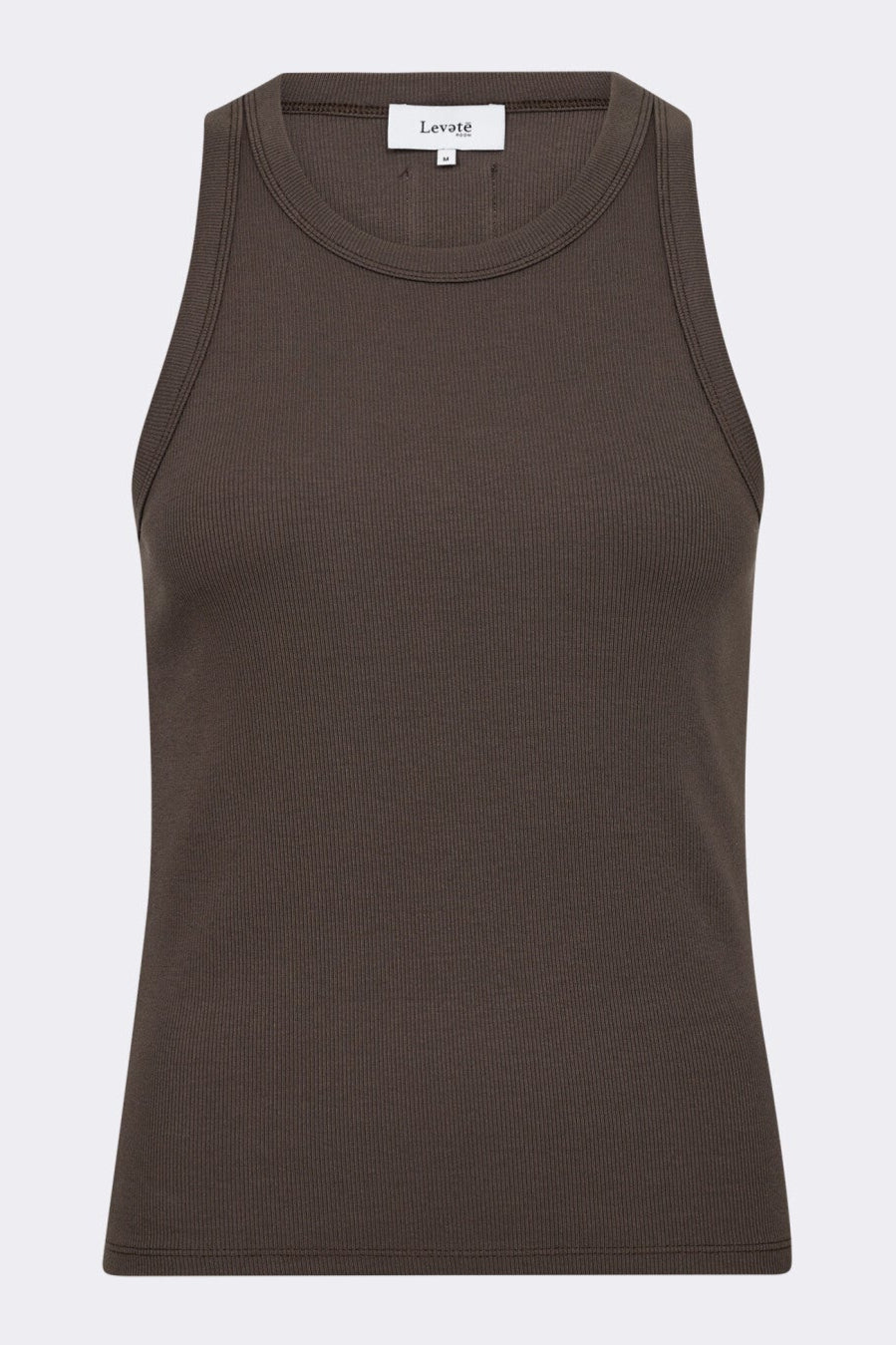 Leveté Room LR-Numbia 1 top i brun med ribstruktur, rund hals og tætsiddende pasform. 94 % bomuld, 6 % elastan.