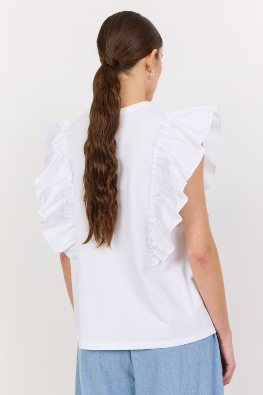 Leveté Room LR-Kowa 21 top i hvid, fremstillet af økologisk bomuld med flæseærmer og rund halsudskæring.