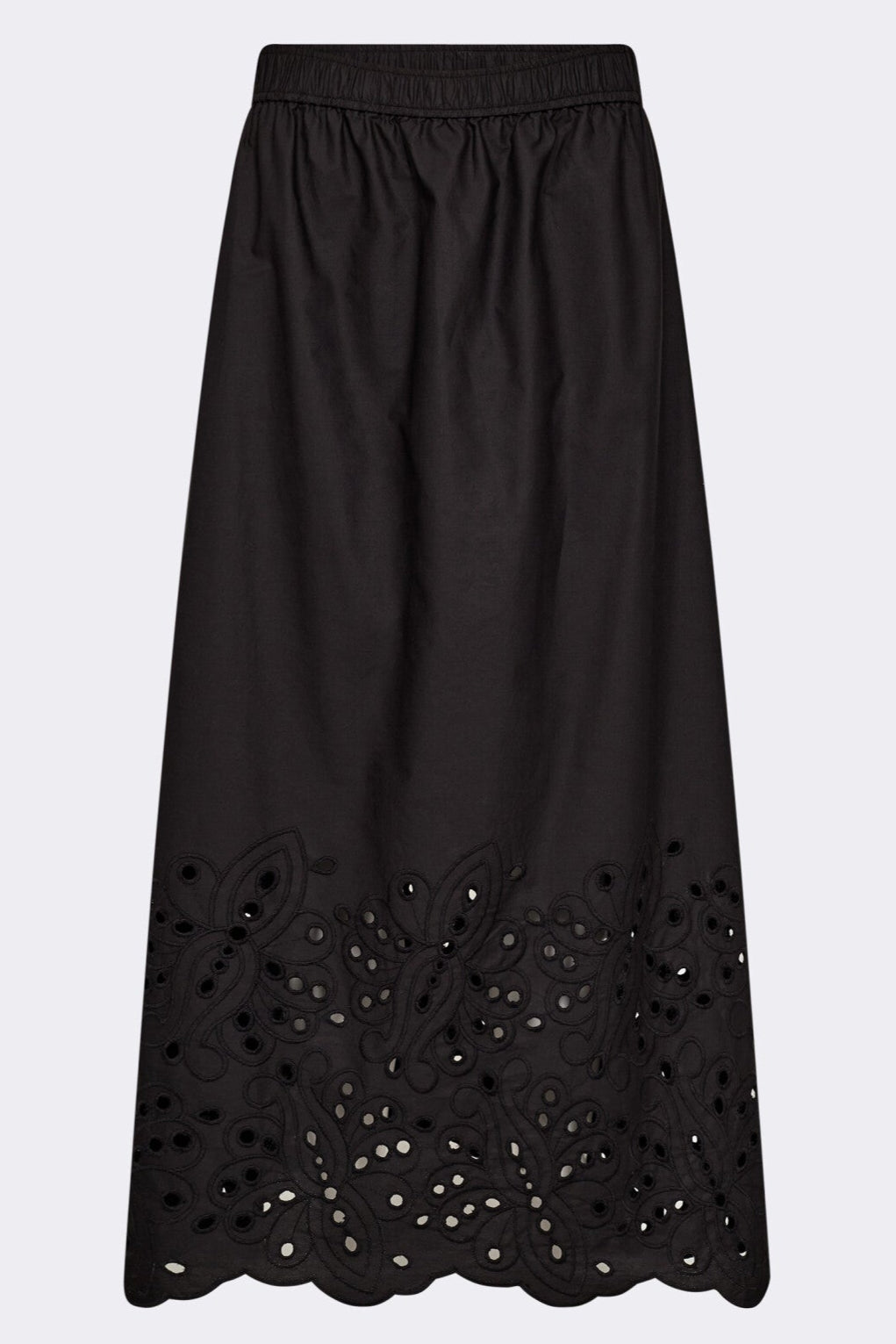 Leveté Room LR-Grolet 5 nederdel i sort økologisk bomuld med maxi længde, elastisk talje og broderi anglaise-detaljer. Elegant og komfortabel.