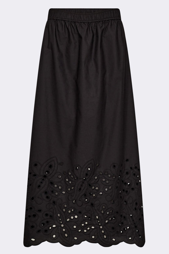 Leveté Room LR-Grolet 5 nederdel i sort økologisk bomuld med maxi længde, elastisk talje og broderi anglaise-detaljer. Elegant og komfortabel.