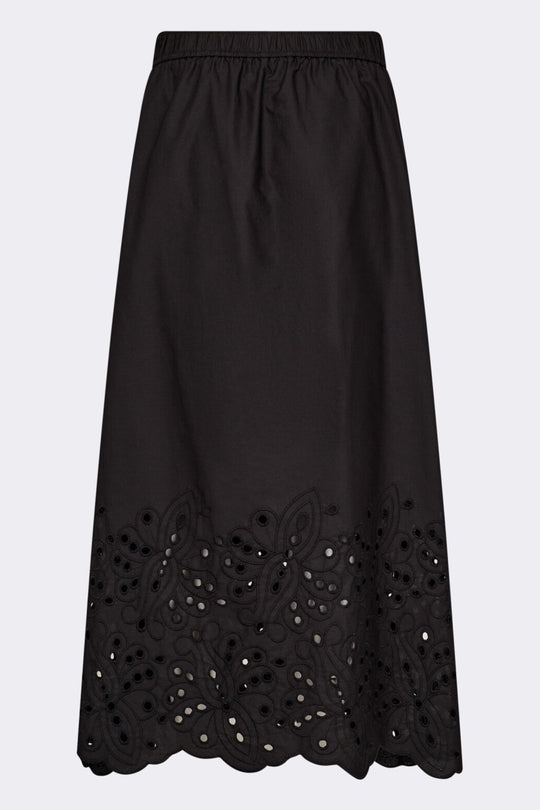 Leveté Room LR-Grolet 5 nederdel i sort økologisk bomuld med maxi længde, elastisk talje og broderi anglaise-detaljer. Elegant og komfortabel.