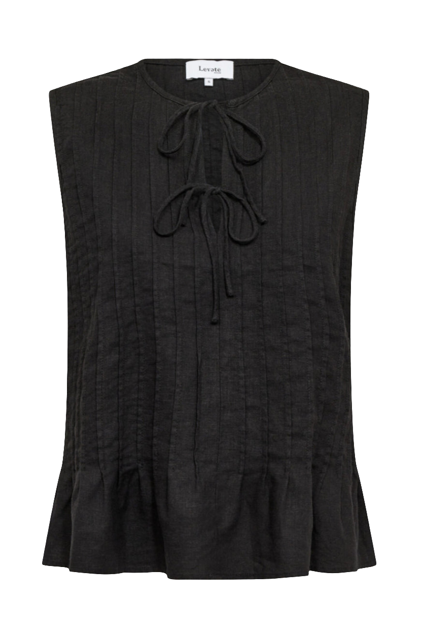 Leveté Room LR-Naja 49 top i sort med lodrette striber, bindelukning og afslappet pasform. Fremstillet i 55 % hør og 45 % viskose.