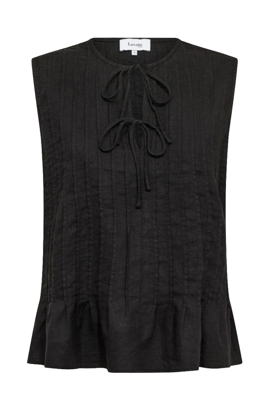 Leveté Room LR-Naja 49 top i sort med lodrette striber, bindelukning og afslappet pasform. Fremstillet i 55 % hør og 45 % viskose.