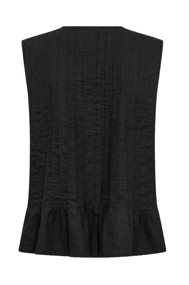 Leveté Room LR-Naja 49 top i sort med lodrette striber, bindelukning og afslappet pasform. Fremstillet i 55 % hør og 45 % viskose.