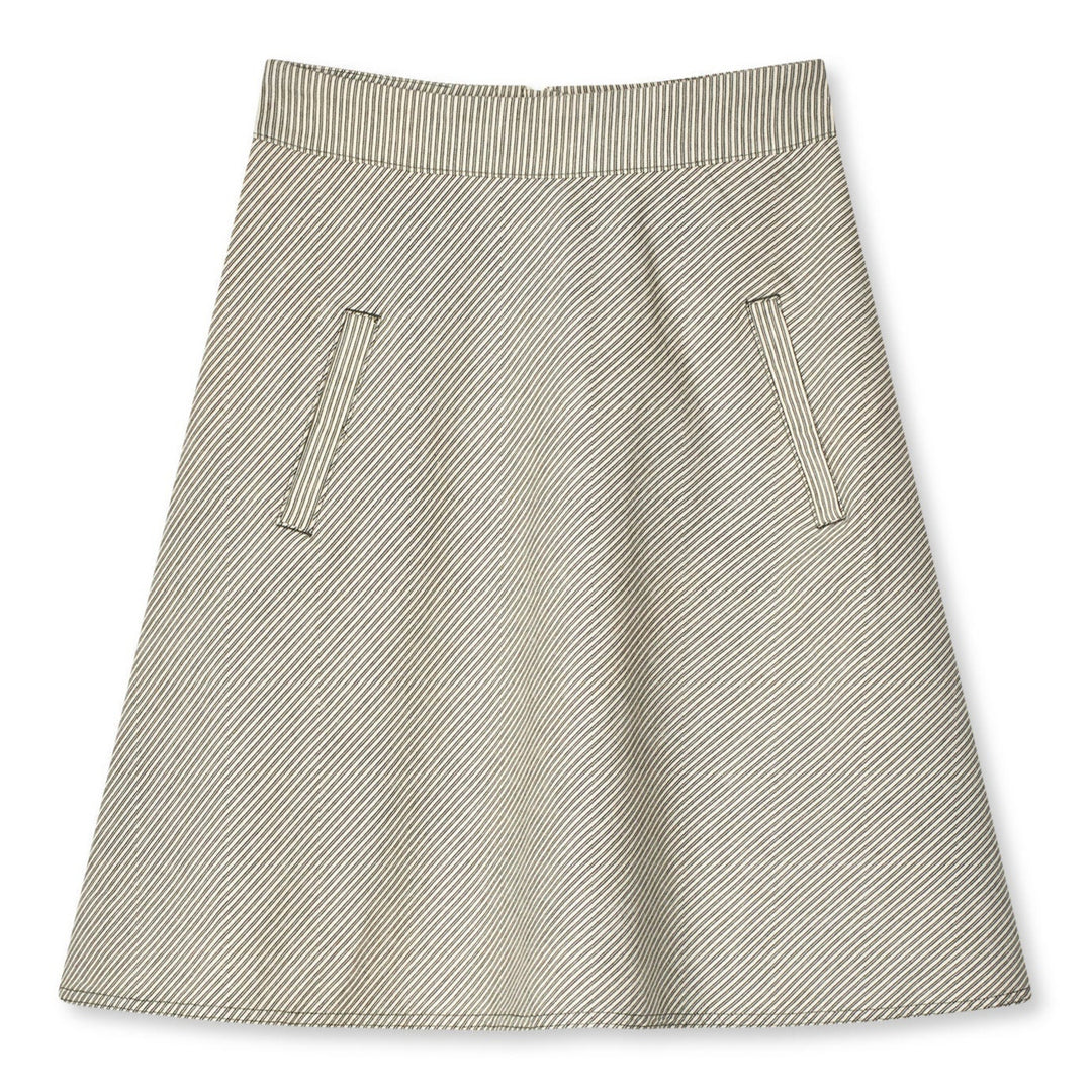 Mads Nørgaard Bromi Stelly Nederdel – A-formet nederdel fra Mads Nørgaard i grøn og grå. Knælang med høj talje, lynlås og lommer.