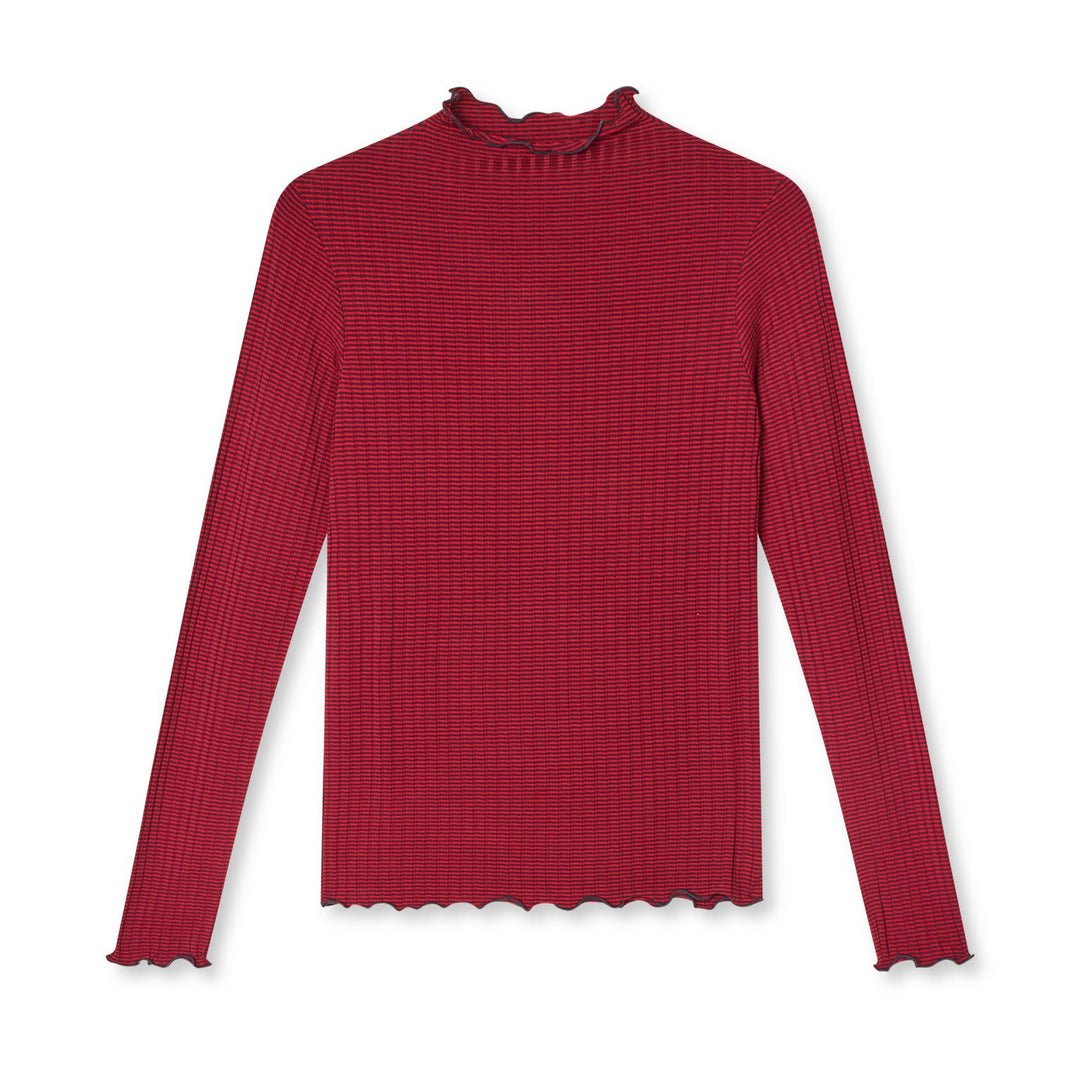 Mads Nørgaard 5x5 Stripe Trutte Tee LS i Parisian Night/High Risk Red. Ribstrikket langærmet t-shirt i EcoVero viskose.