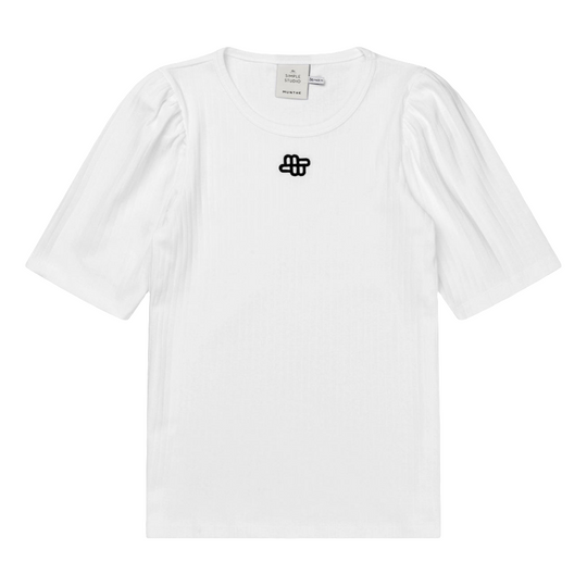 Munthe Parsa T-shirt i hvid, lavet af økologisk bomuld med broderet logo og pufærmer.