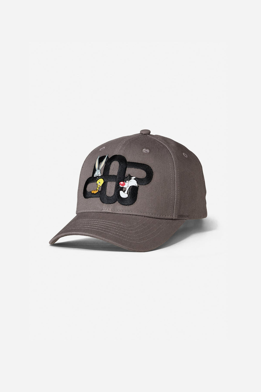 Munthe Lucian Cap i grå økologisk bomuld med Looney Tunes-applikation og broderet MUNTHE-logo. Unik limited edition kasket.