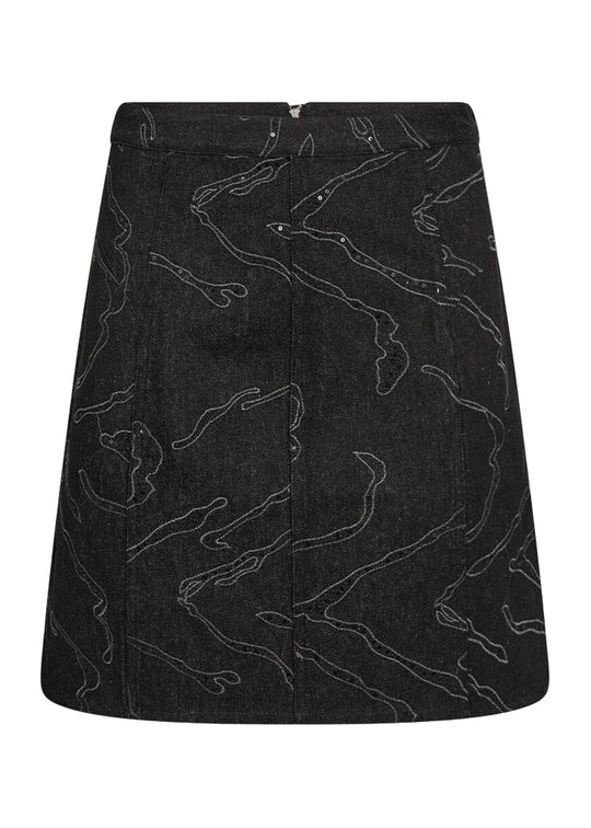 Levete Room LR-Noma 1 Skirt i sort, elegant nederdel med broderet mønster og lynlås bagpå.