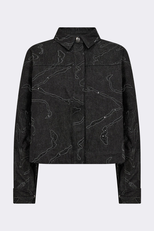 Levete Room LR-NOMA 2 Jakke i sort med spids krave, knaplukning og abstrakt linjemønster.