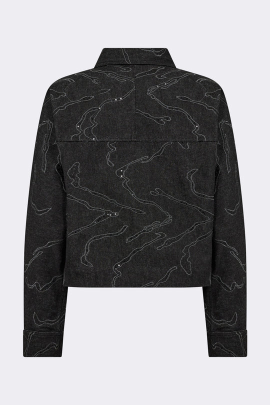 Levete Room LR-NOMA 2 Jakke i sort med spids krave, knaplukning og abstrakt linjemønster.