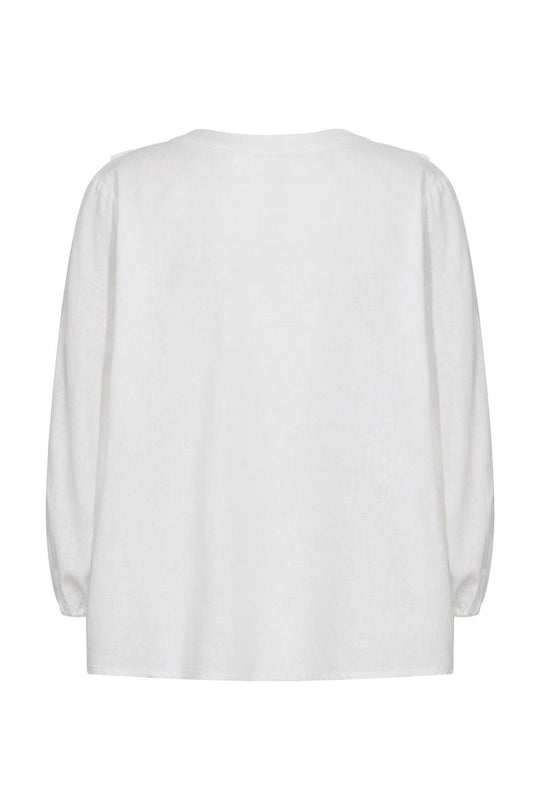 Leveté Room LR-Naja 33 bluse i 55 % hør og 45 % viskose. Volangkrave, dyb v-hals og afslappet pasform i hvid.