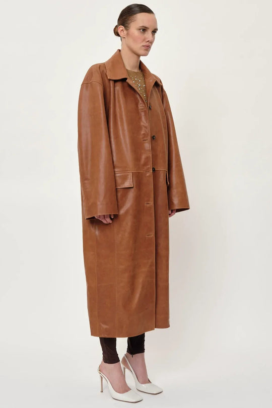 Herskind Halston Leather Coat – Læderfrakke i Cognac med Klassisk Krave