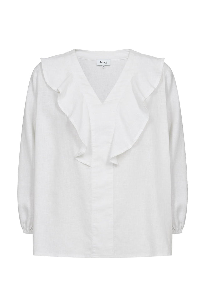 Leveté Room LR-Naja 33 bluse i 55 % hør og 45 % viskose. Volangkrave, dyb v-hals og afslappet pasform i hvid.