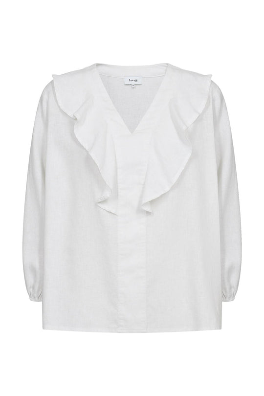 Leveté Room LR-Naja 33 bluse i 55 % hør og 45 % viskose. Volangkrave, dyb v-hals og afslappet pasform i hvid.