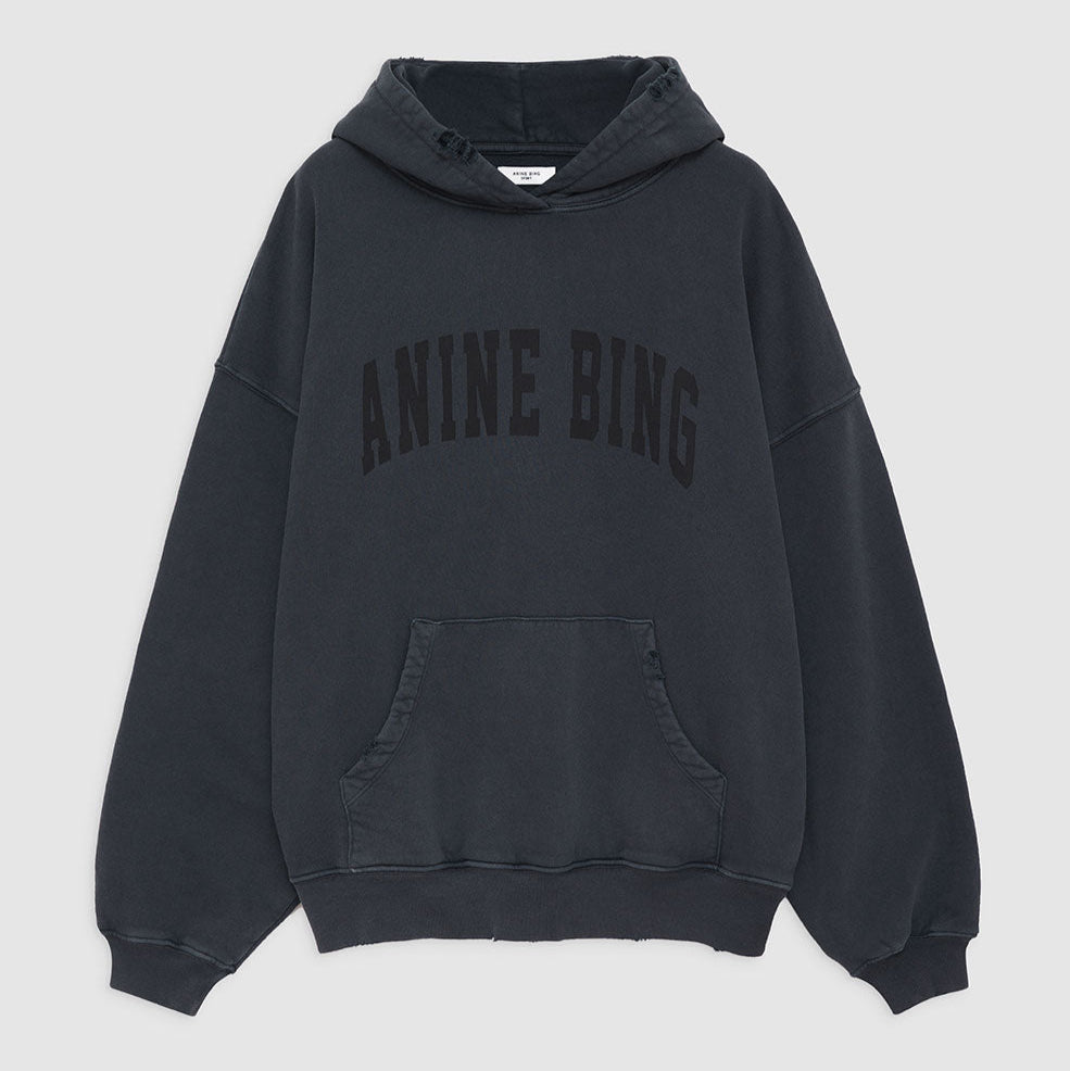 Anine Bing Harvey Sweatshirt – Oversized Hoodie i Vasket Sort med Sporty Detaljer