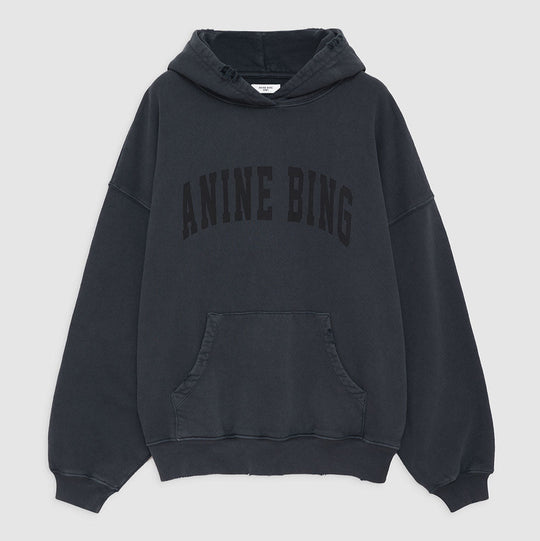 Anine Bing Harvey Sweatshirt – Oversized Hoodie i Vasket Sort med Sporty Detaljer